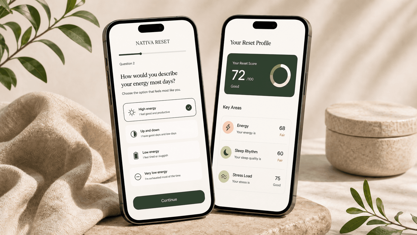 Nativa Reset mobile quiz and personalized reset profile preview