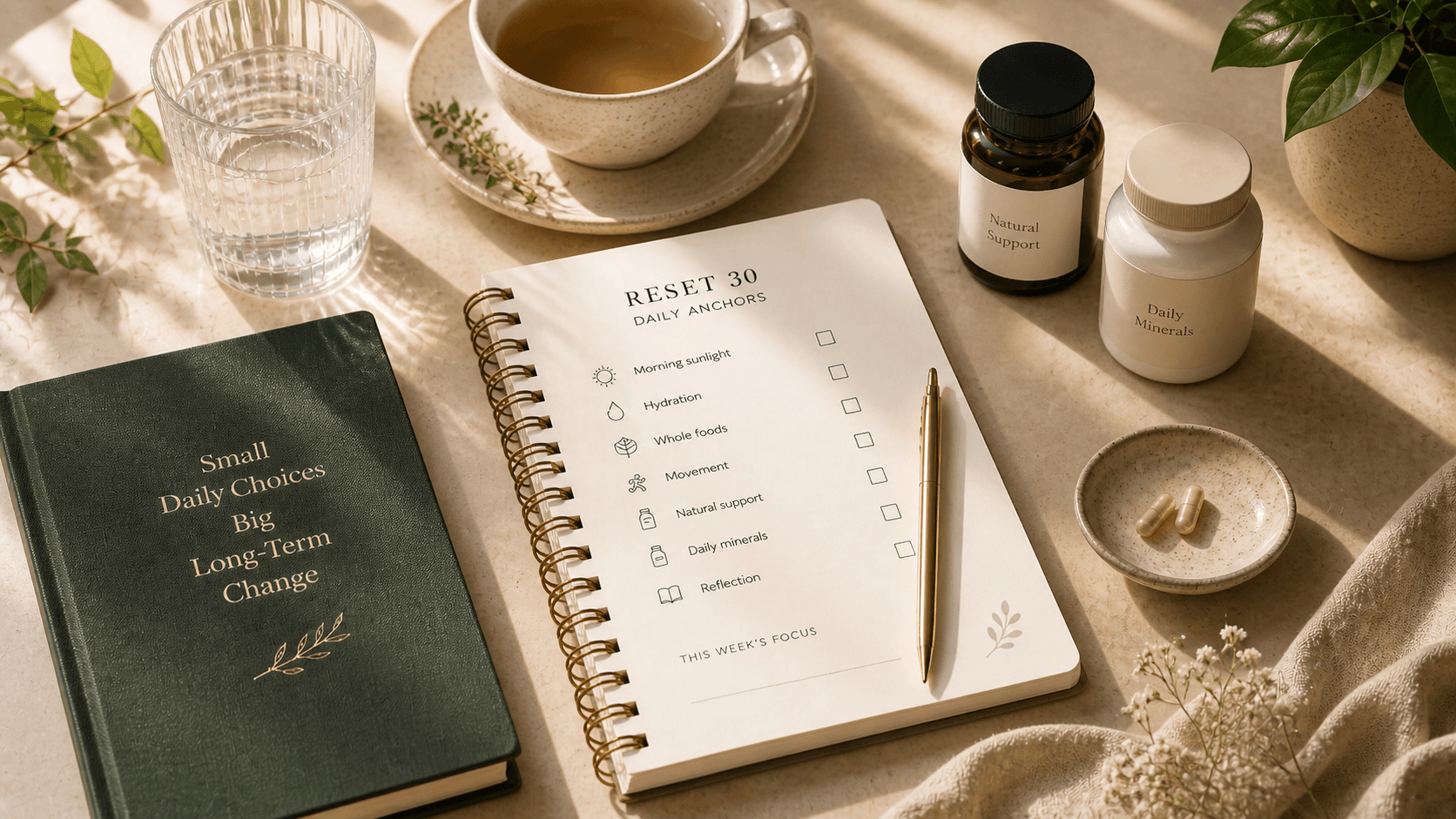 Reset 30 daily anchors checklist with water and natural support